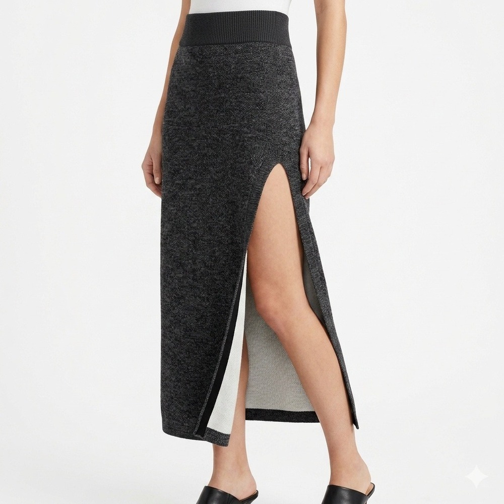 Elie Tahari Skirt Womens S Gray Knit Maxi Skirt High Side Slit Ribbed Waistband